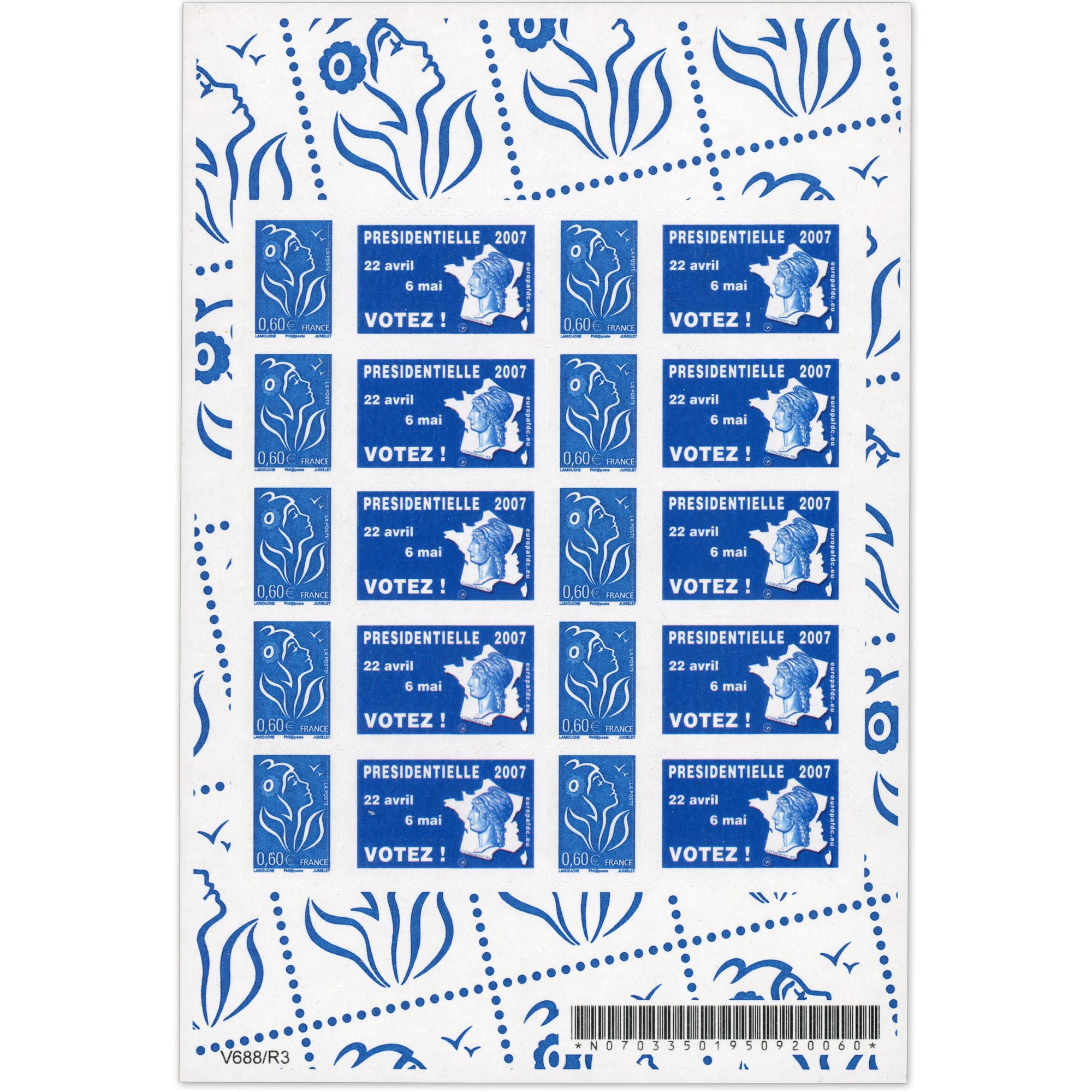 FEUILLE PERSONNALISÉE N°F3966Aa AUTOADHÉSIVE VIGNETTE "PRÉSIDENTIELLE 2007"