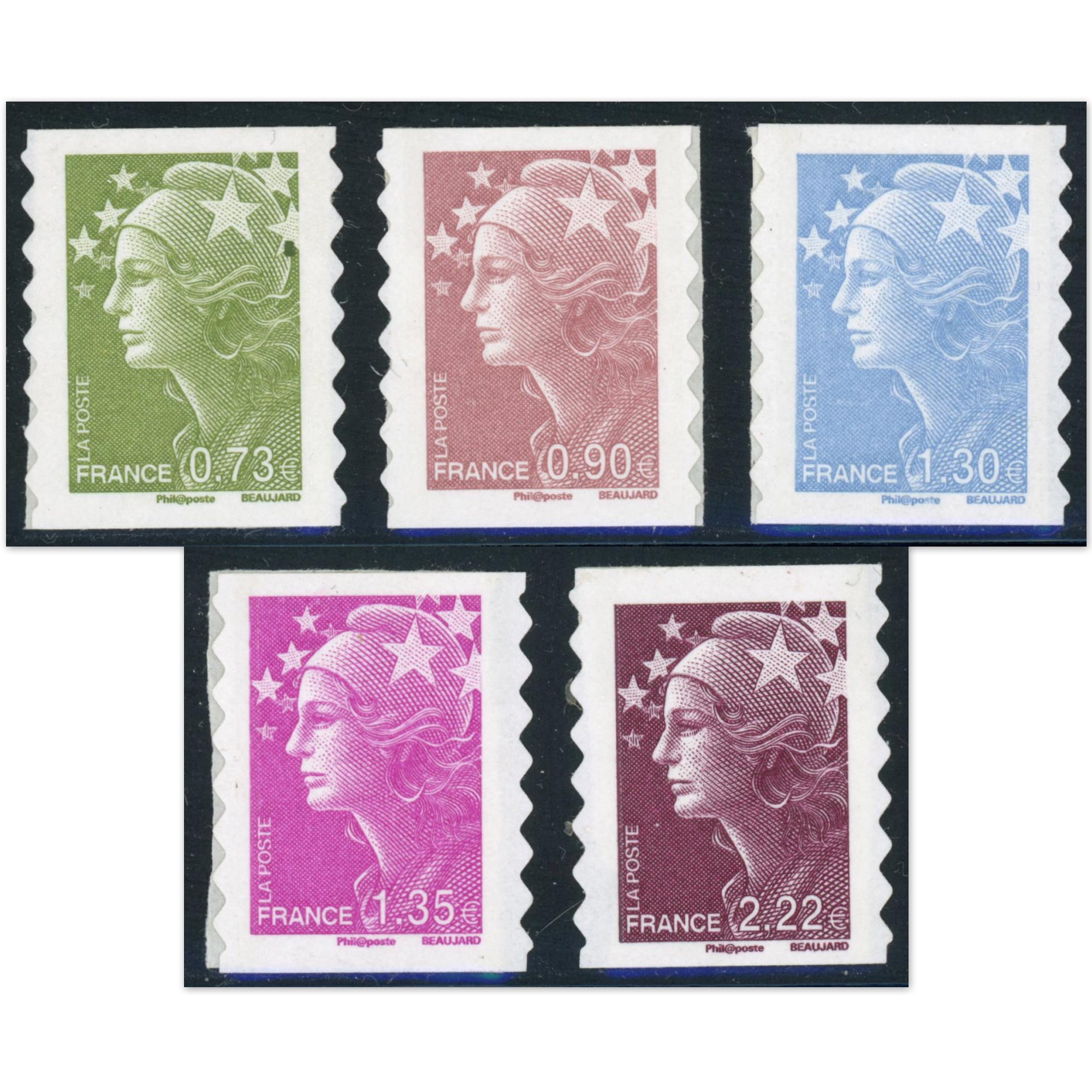 TIMBRES FRANCE AUTOADHÉSIFS MARIANNES DE BEAUJARD 286 À 290, ANNÉE 2009