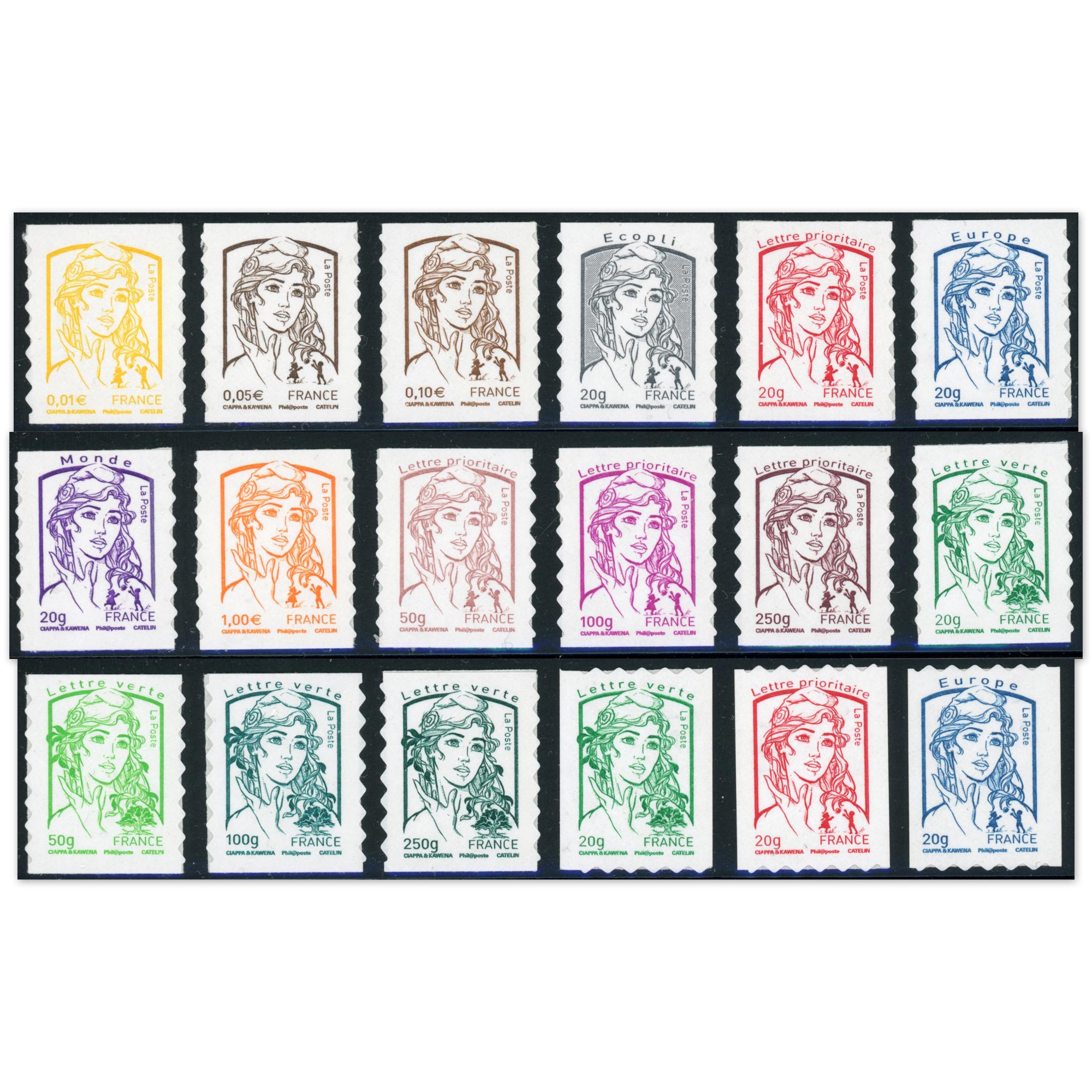 TIMBRES FRANCE AUTOADHÉSIFS MARIANNES CIAPPA ET KAWENA N° 847 À 864, ANNÉE 2013"