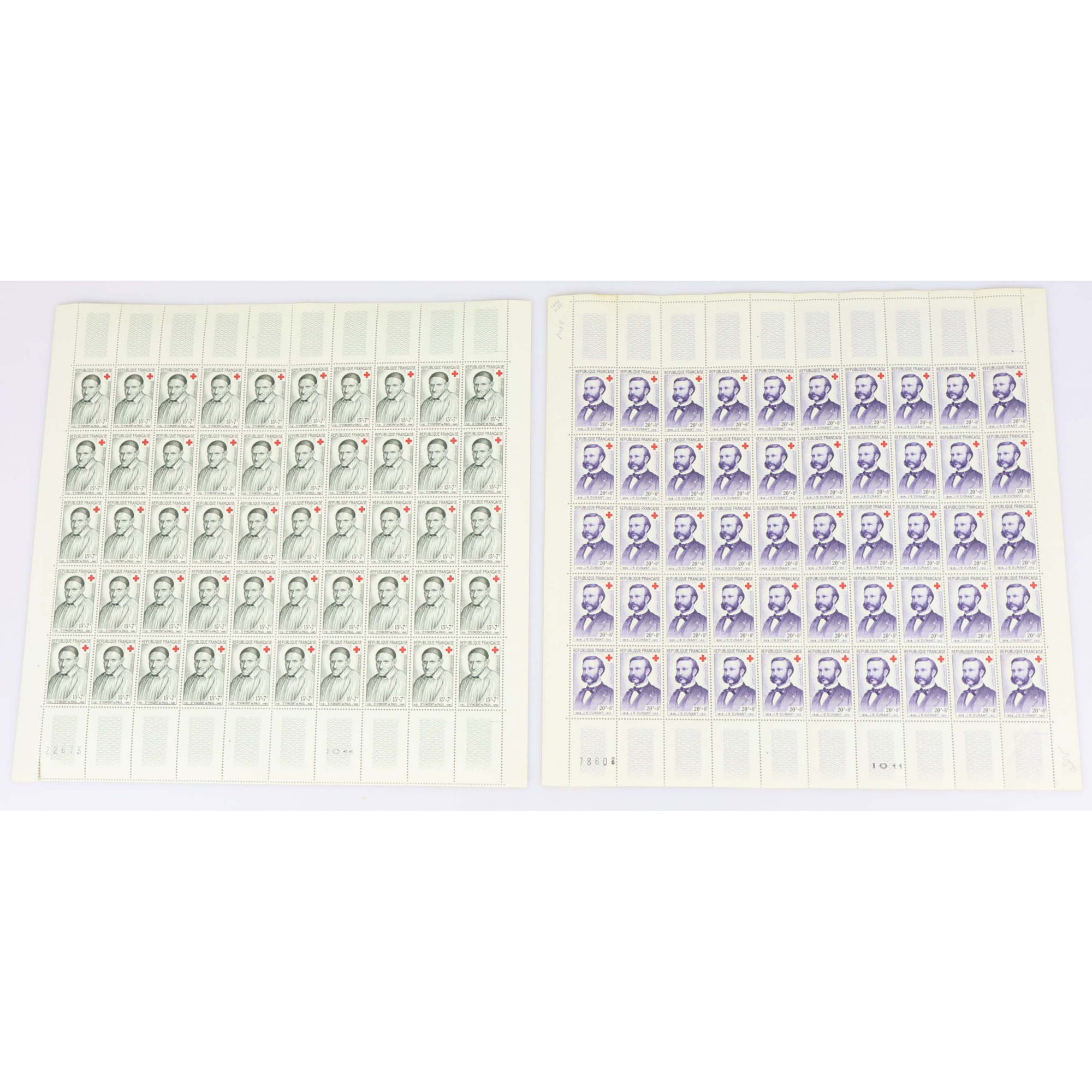 FEUILLES COMPLÈTES DE 50 TIMBRES N°1187/1188 CROIX-ROUGE TIMBRES DE FRANCE NEUFS