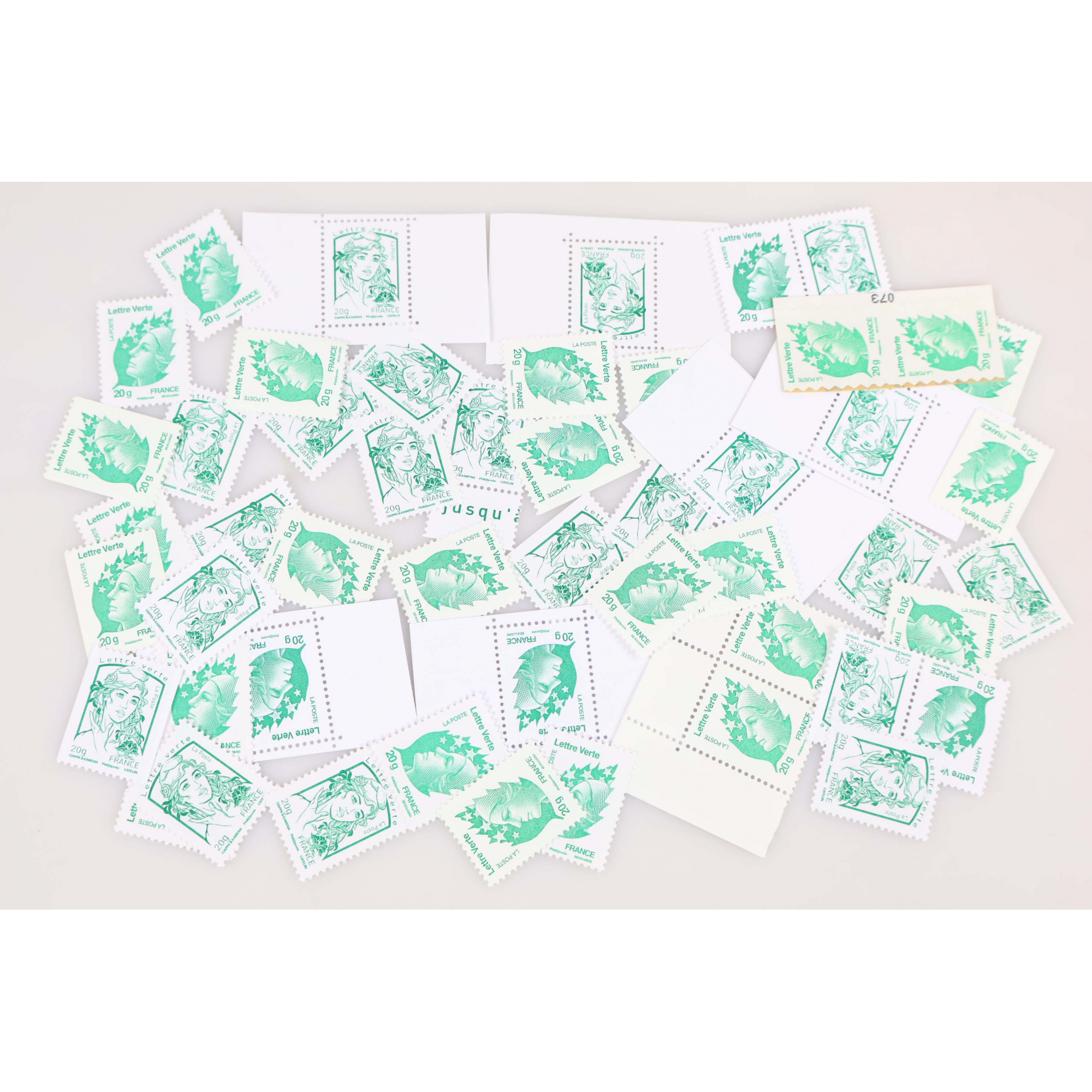 LOT 50 TIMBRES A VALIDITÉ PERMANENTE, LETTRES VERTES VP 20G FRANCE