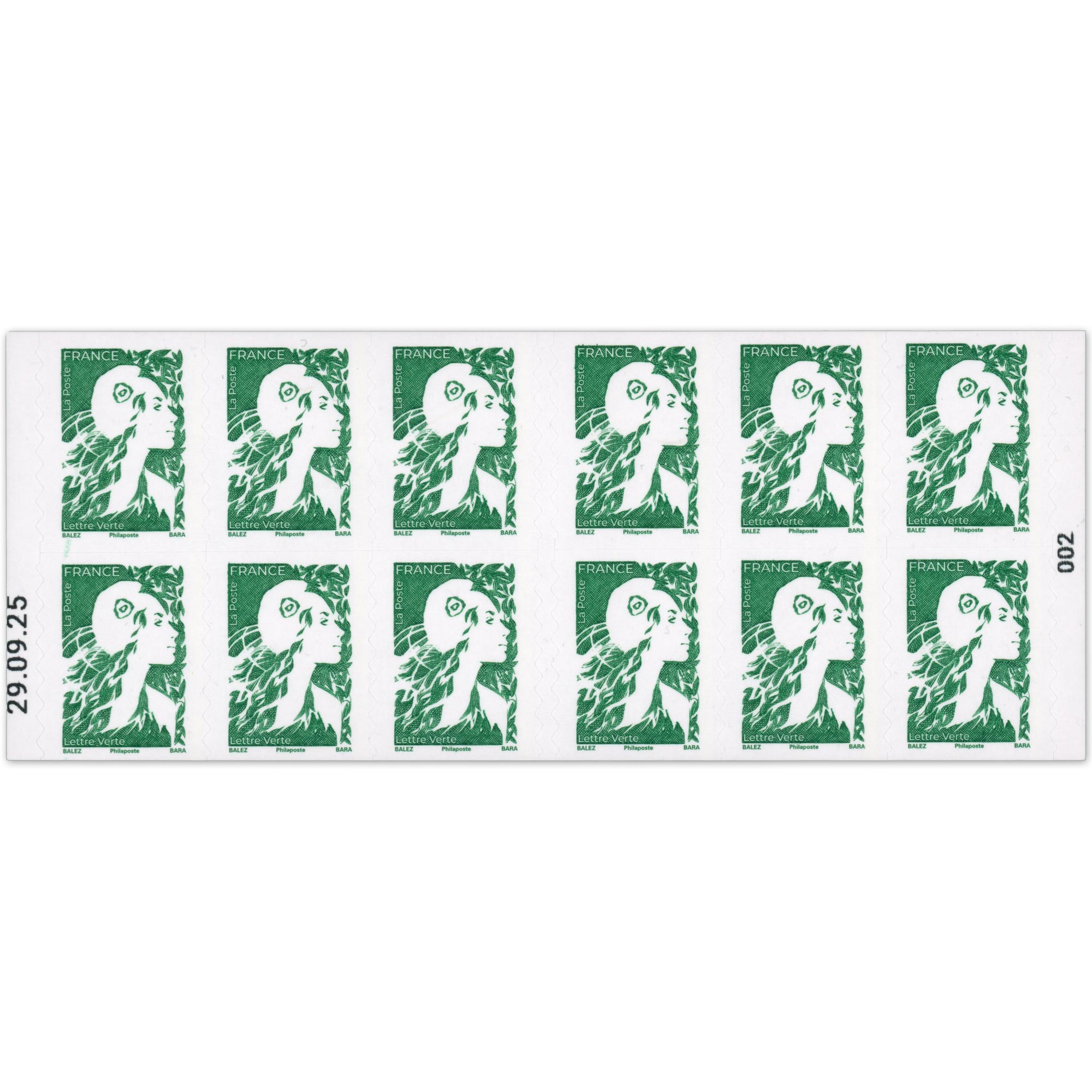 CARNET FRANCE MARIANNE VERTE DE BALEZ 12 TIMBRES POUR AFFRANCHIR 20g ANNÉE 2025