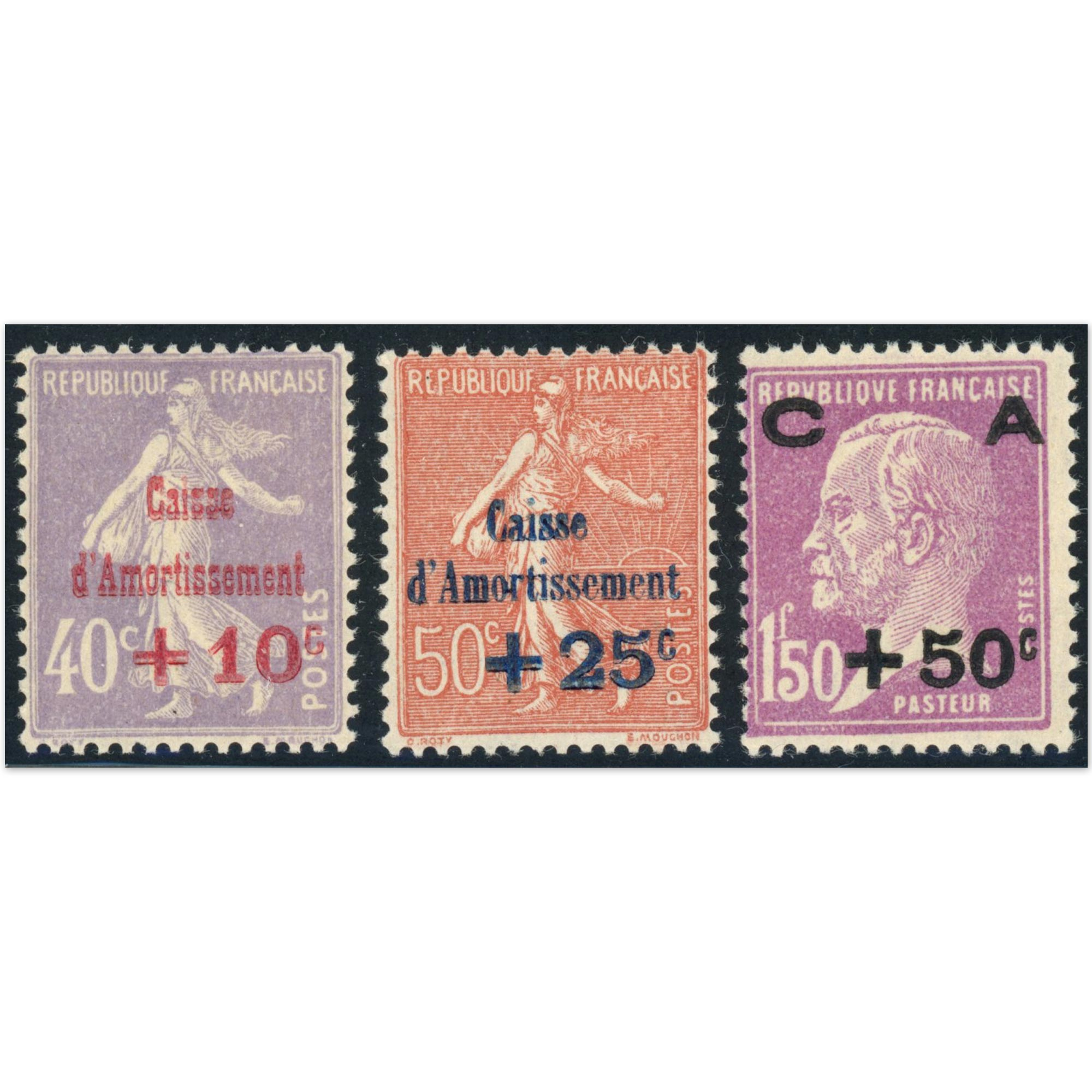 CAISSE AMORTISSEMENT N°249 À 251 TIMBRES DE FRANCE NEUFS** ANNÉE 1928 COTE 235€