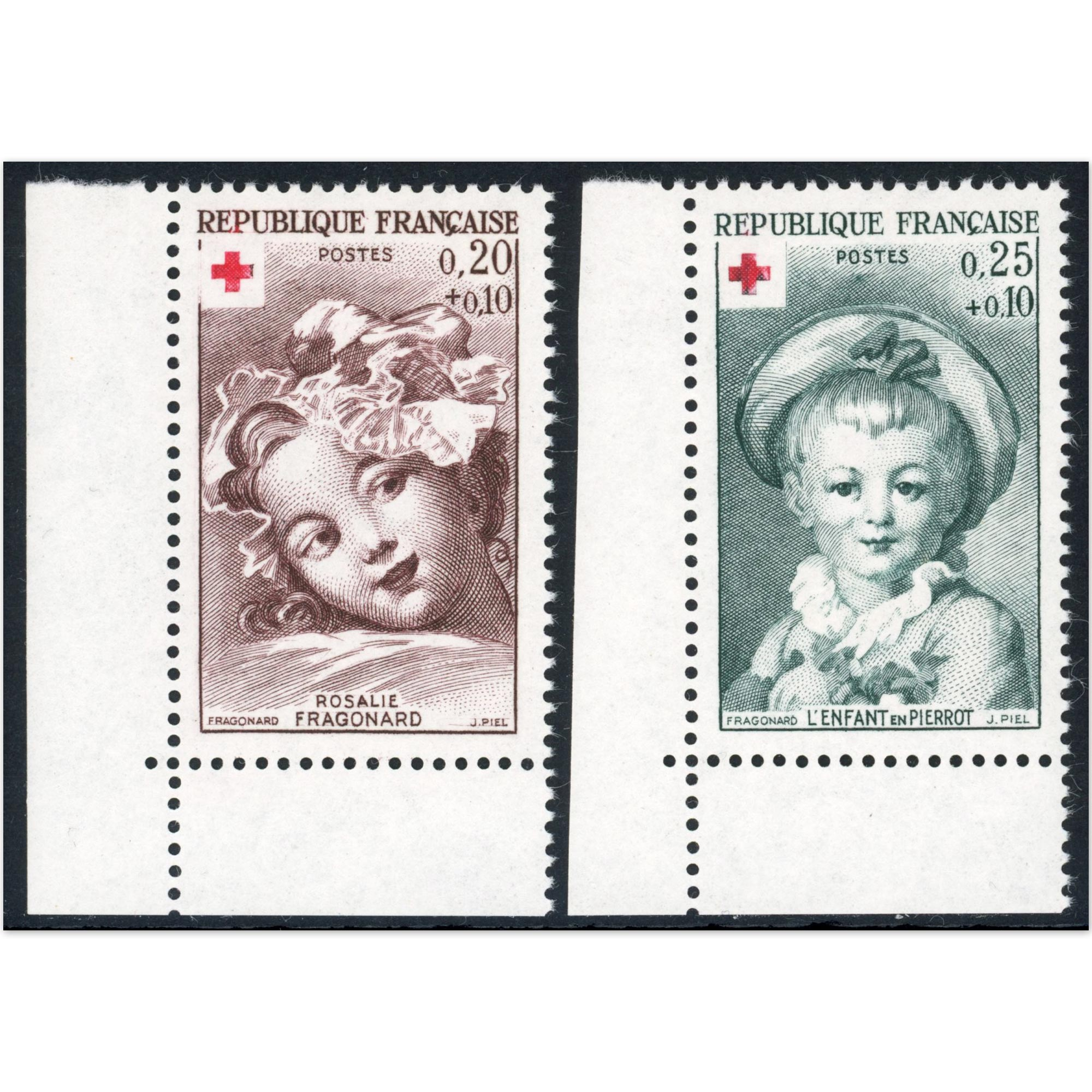 CROIX-ROUGE VARIÉTÉS COULEUR N°1366a ET 1367a TIMBRES NEUFS**, COTE 240€