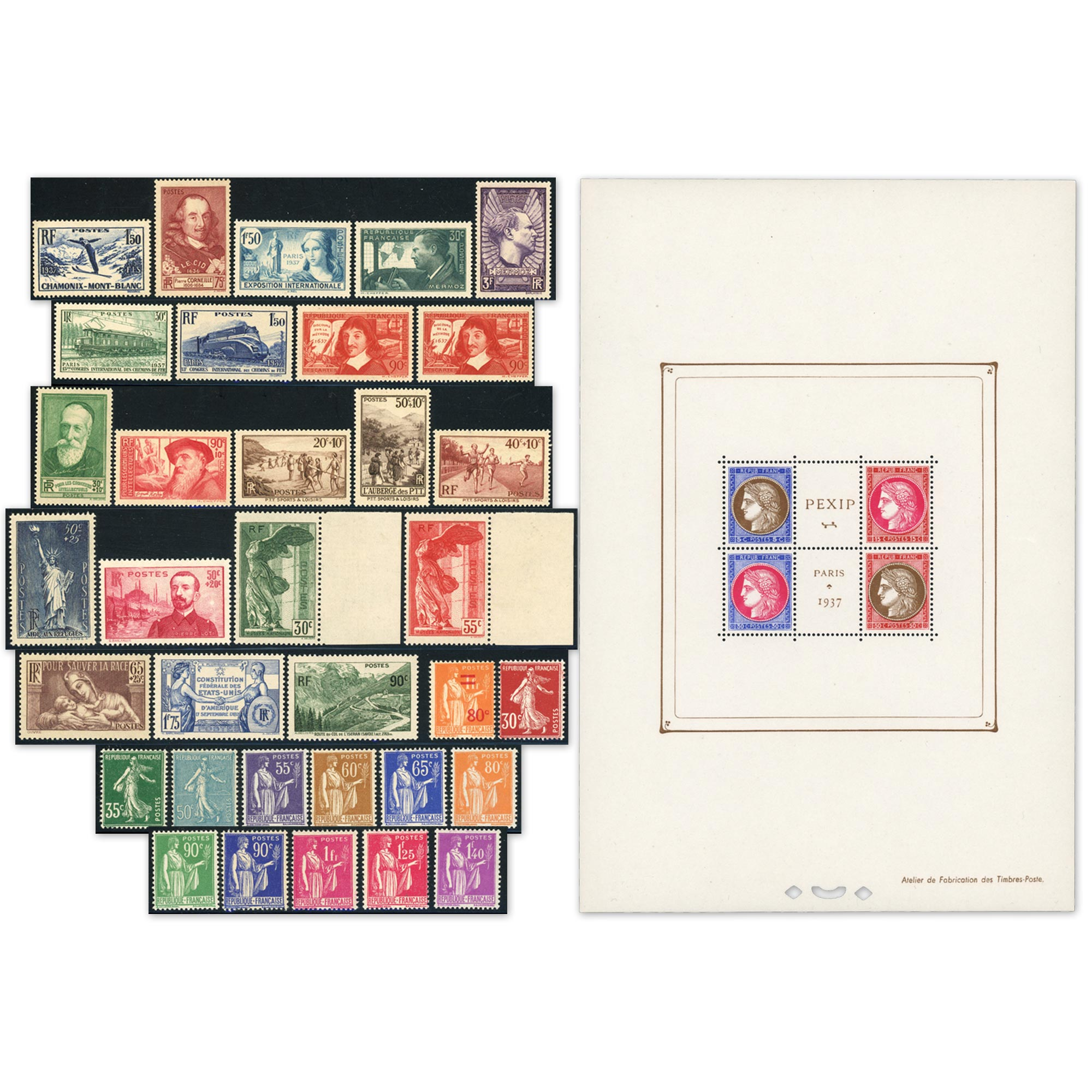 ANNÉE COMPLÈTE DE FRANCE 1937 NEUVE** N°334 À 371 AVEC BLOC N°3 COTE 1398€