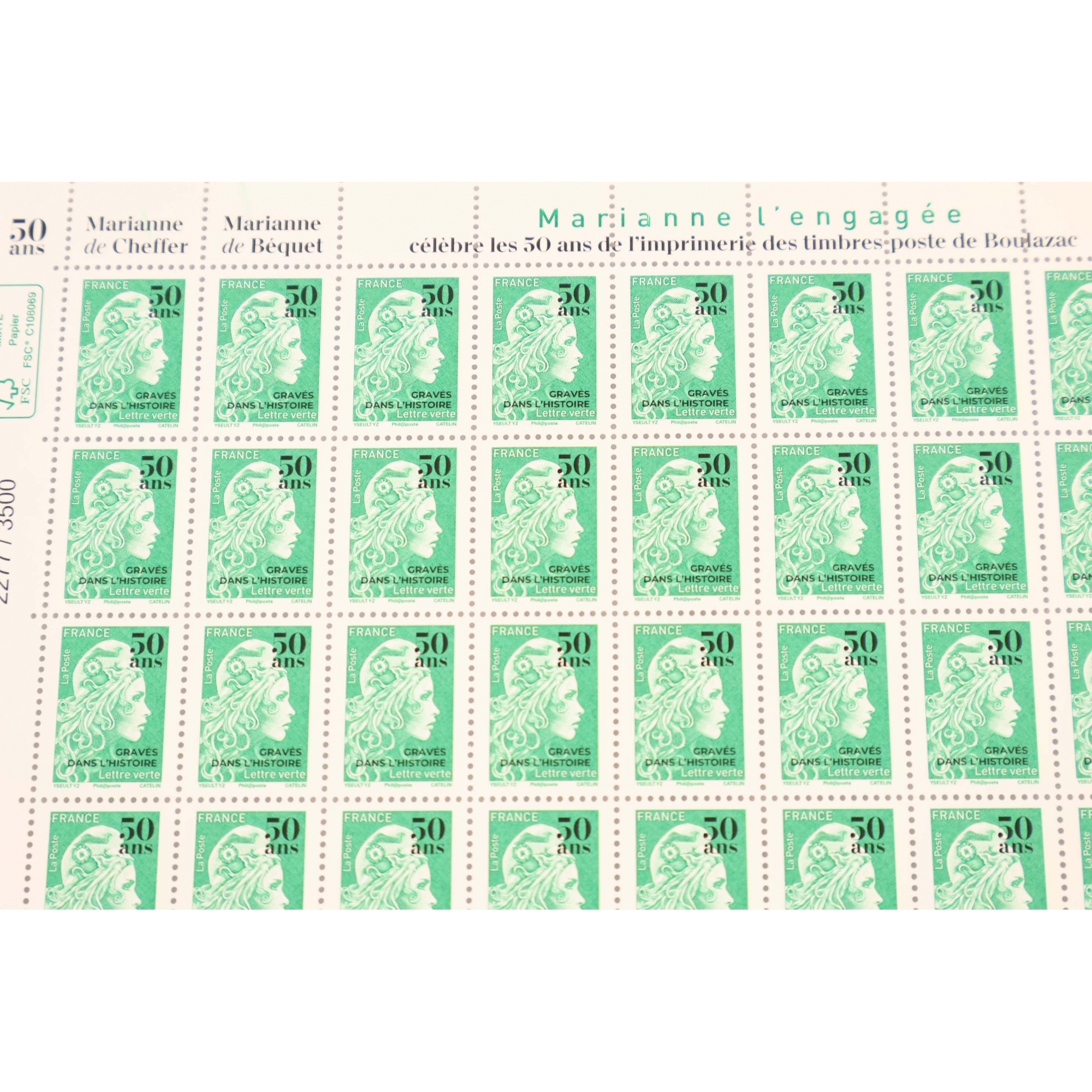 FRANCE FEUILLE COMPLETE SURCHARGEE MARIANNE ENGAGEE LETTRE VERTE TIMBRES NEUFS**
