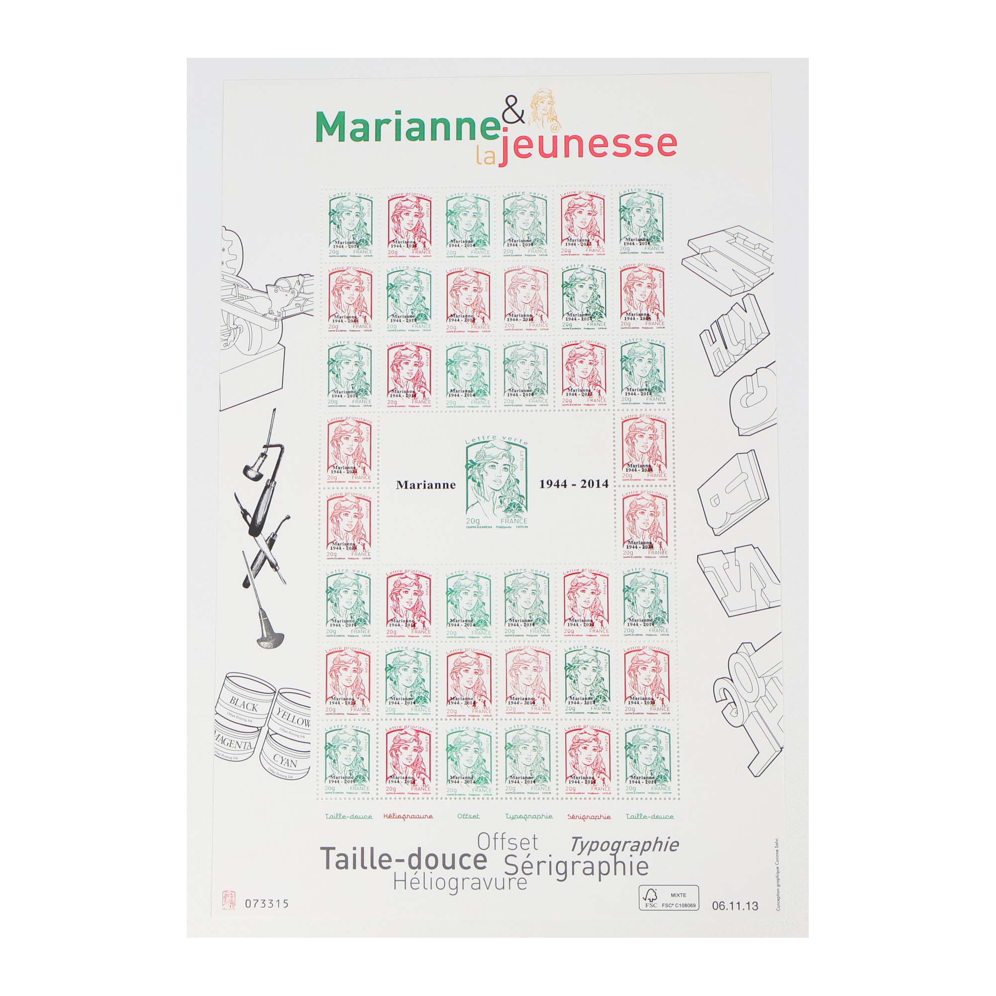 FRANCE FEUILLE N°F4774B "MARIANNE ET LA JEUNESSE" FEUILLE MULTITECHNIQUE DE 2013 SURCHARGÉE