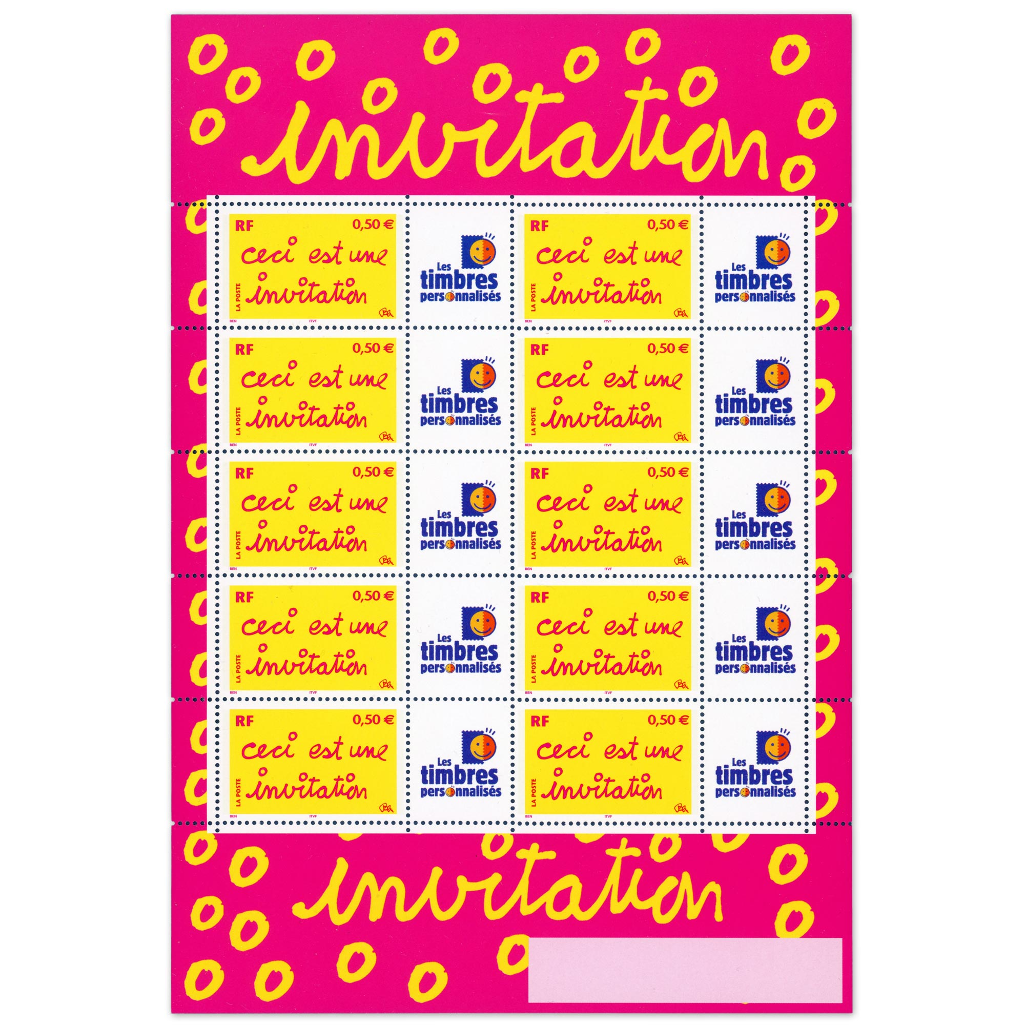 FEUILLE PERSO N°F3636A GOMME BRILLANTE "CECI EST UNE INVITATION" VIGNETTE TP