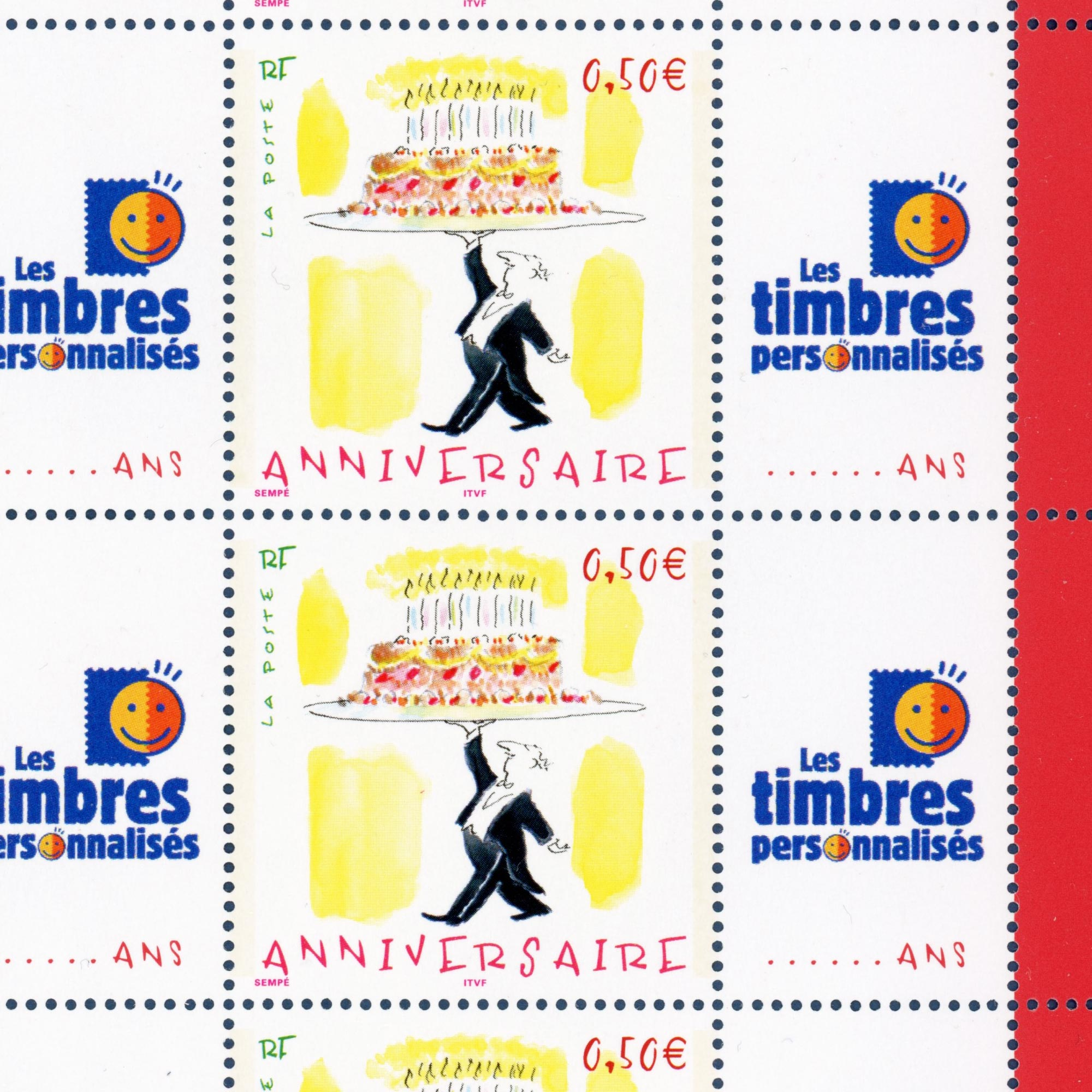FEUILLE PERSONNALISÉE F3688A TIMBRES ANNIVERSAIRE VIGNETTE TP GOMME BRILLANTE BRILLANTE