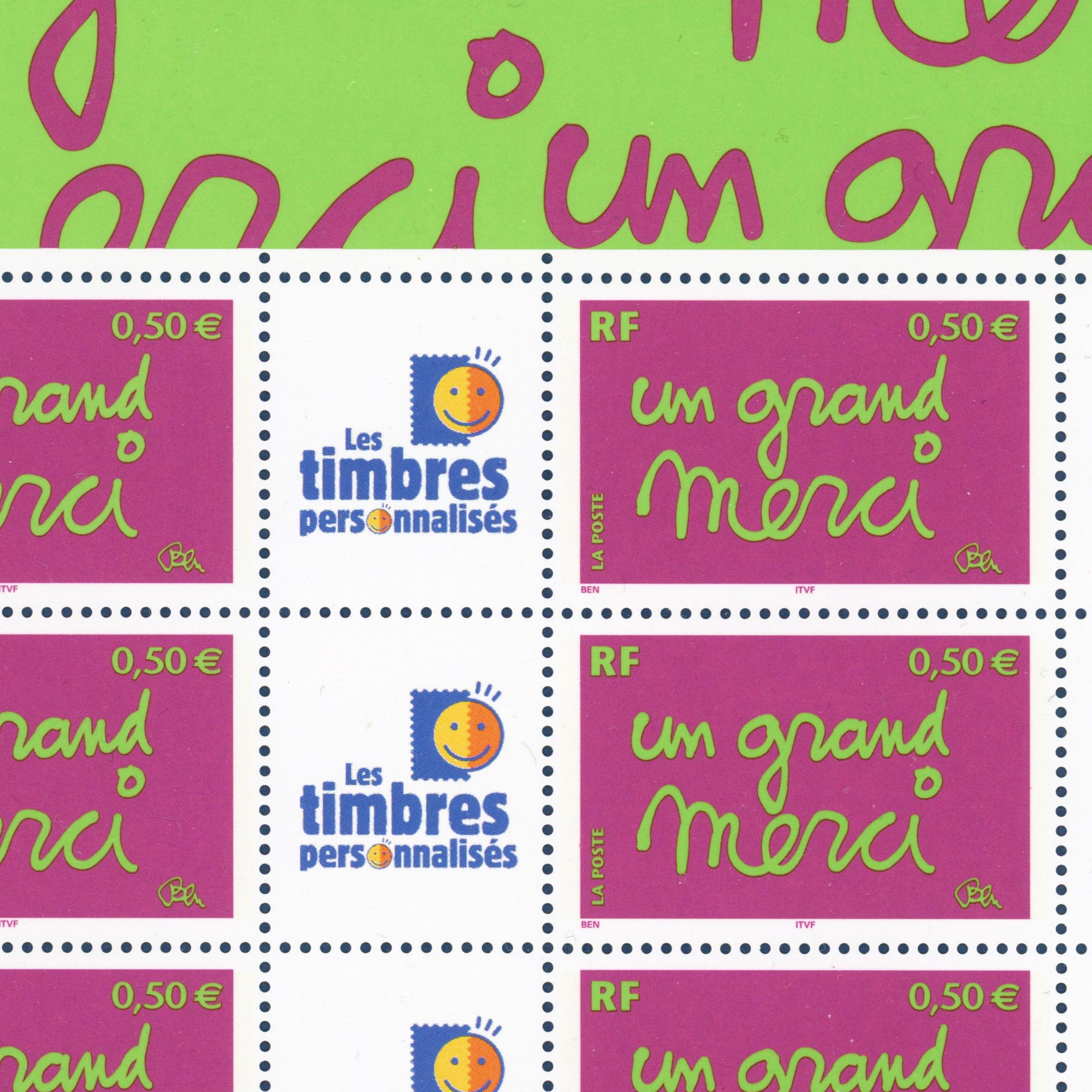 FEUILLE TIMBRES PERSONNALISEES N°F3637Aa VIGNETTE TP GOMME MATE "UN GRAND MERCI"
