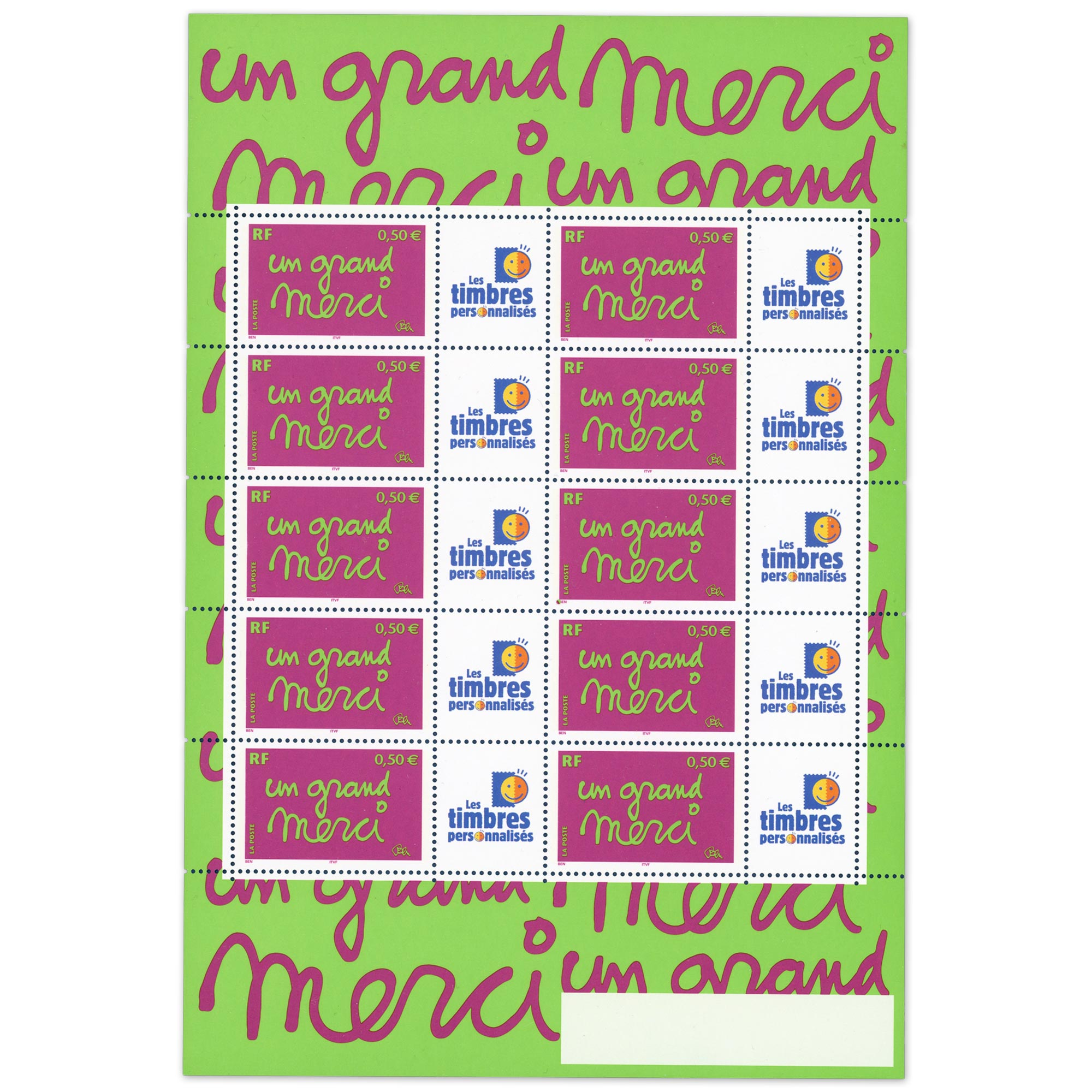 FEUILLE TIMBRES PERSONNALISEES N°F3637Aa VIGNETTE TP GOMME MATE "UN GRAND MERCI"