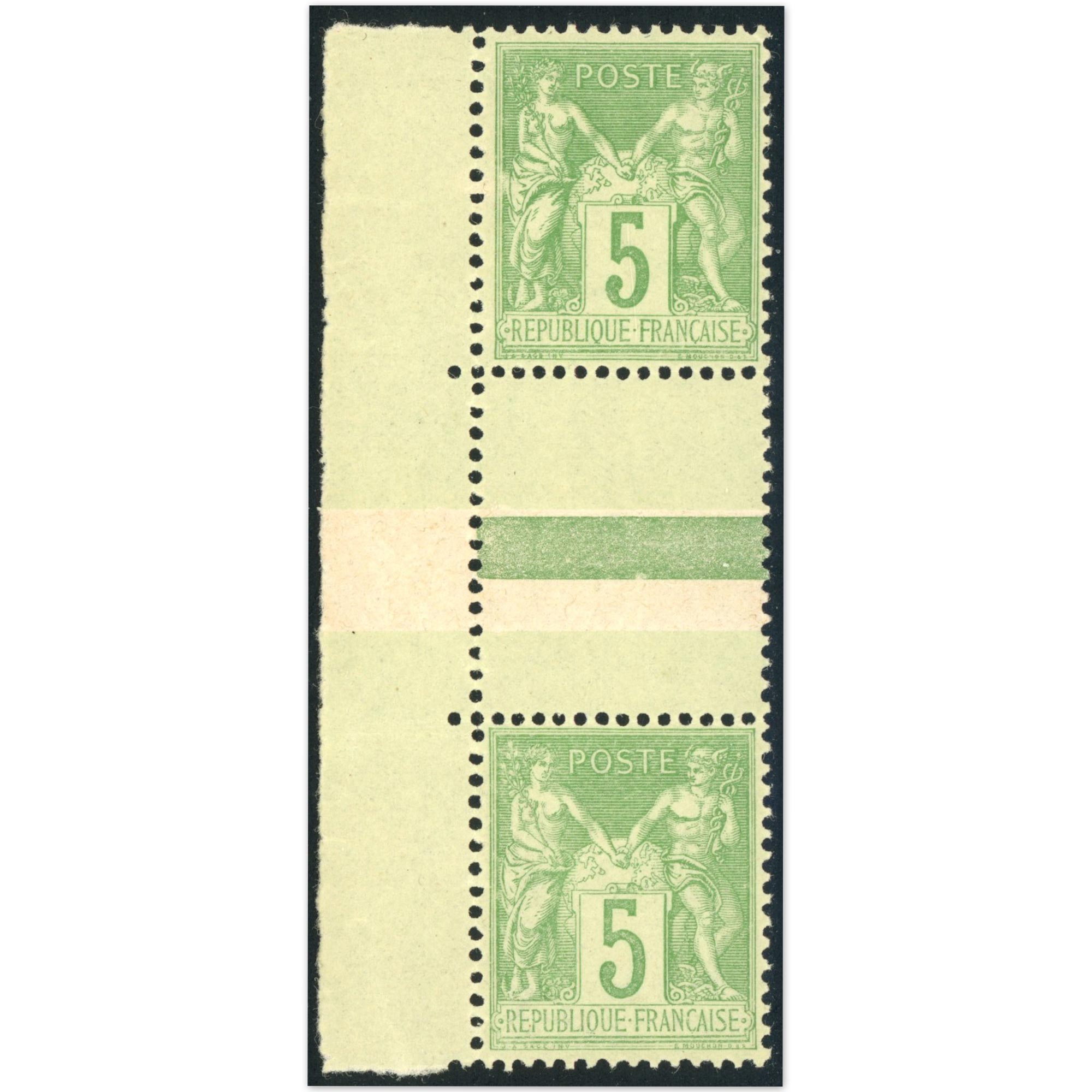 TYPE SAGE PAIRE VERTICALE N°106a TIMBRE DE FRANCE 5c VERT-JAUNE COTE 210€
