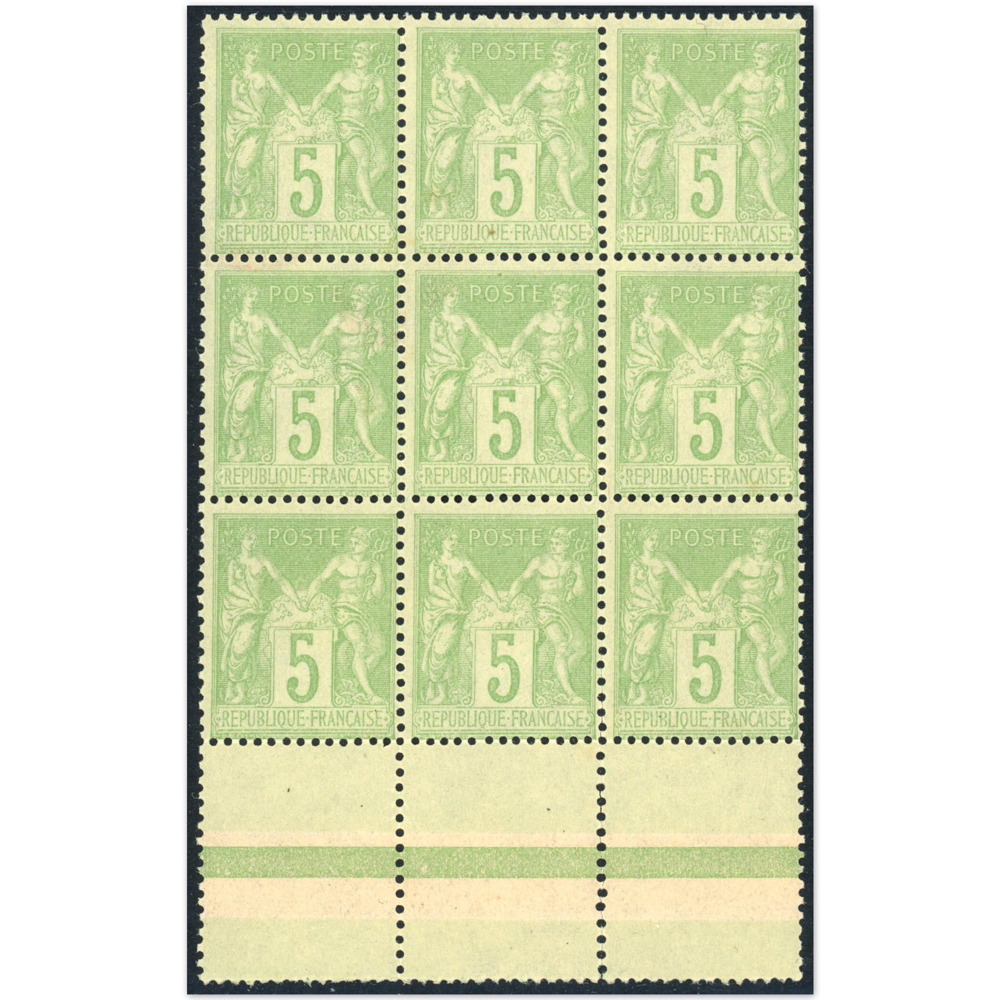 TYPE SAGE BLOC DE 9 TIMBRES DE FRANCE NEUFS** N°106a FRANCE 5c VERT-JAUNE COTE 600€
