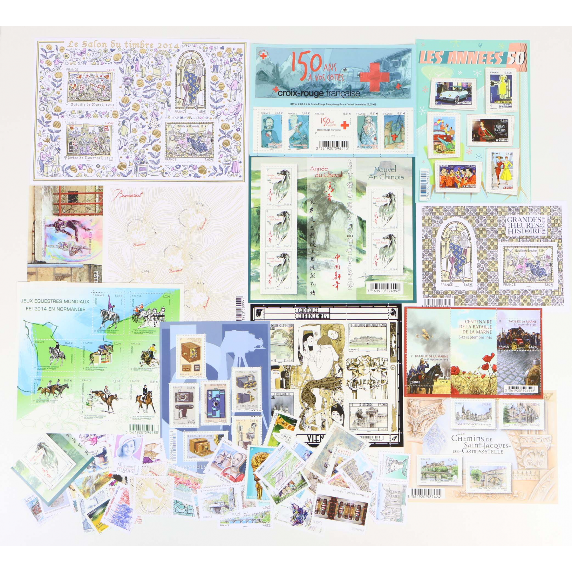 ANNÉE 2014 LOT DE TIMBRES/BLOCS-FEUILLETS MODERNES NEUFS** DE FRANCE FACIALE 77€