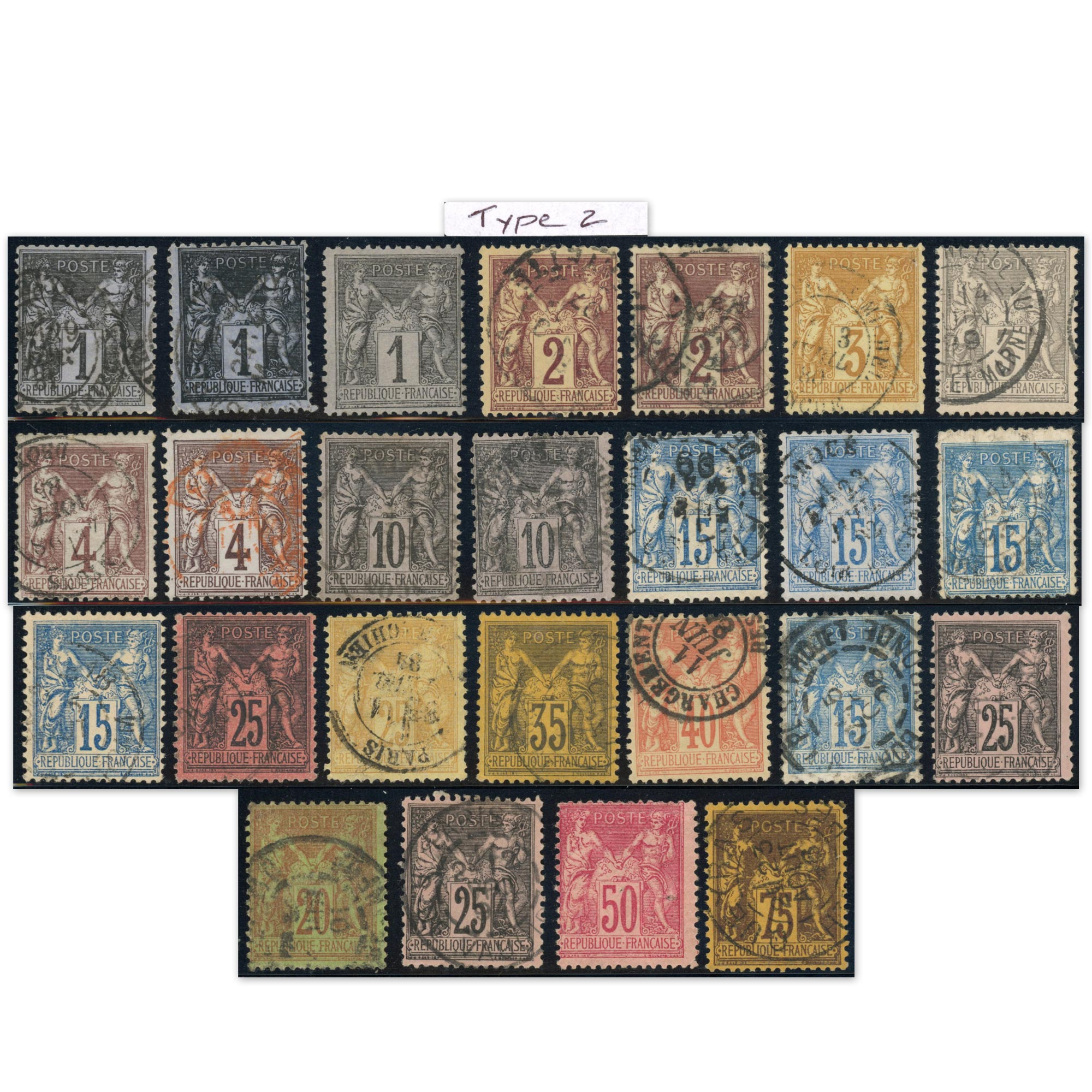 THÉMATIQUE TYPE SAGE TIMBRES FRANCE CLASSIQUES OBLITÉRÉS TYPES 1 ET 2