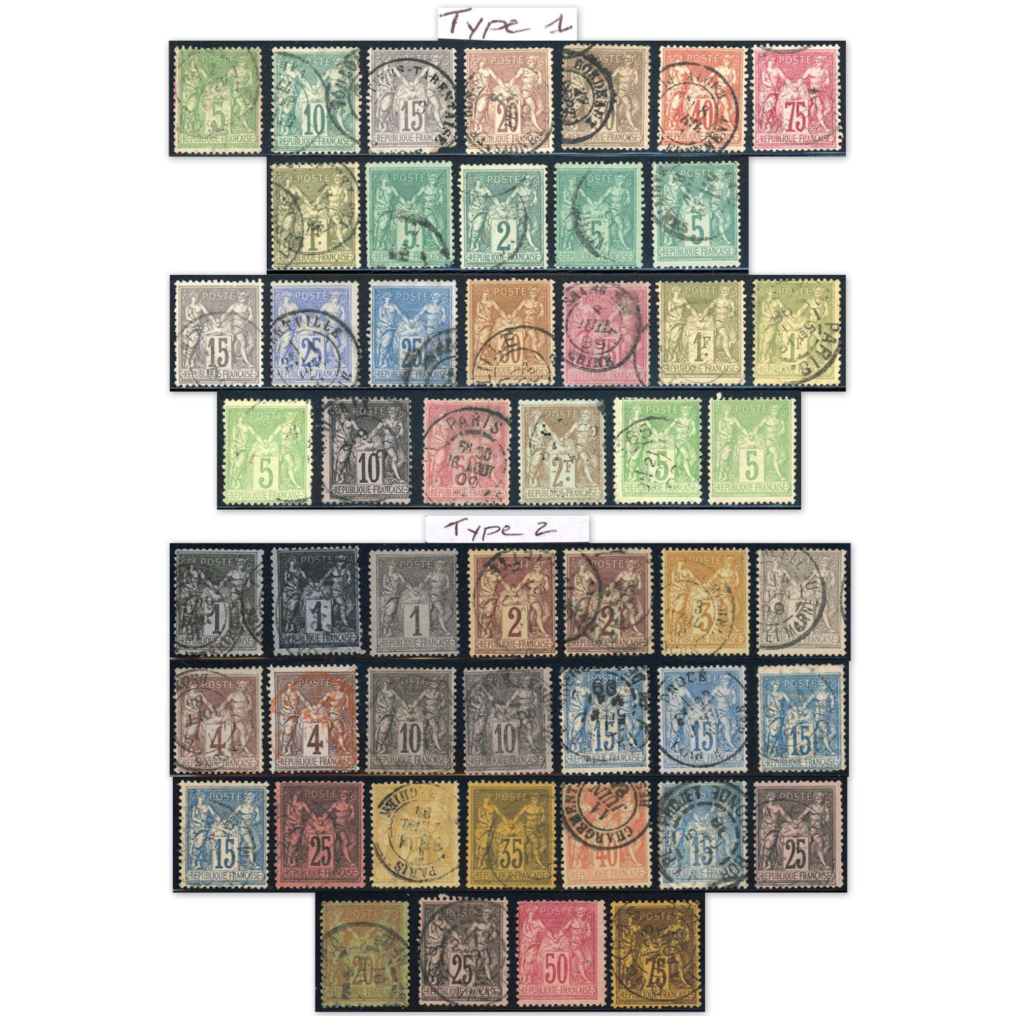THÉMATIQUE TYPE SAGE TIMBRES FRANCE CLASSIQUES OBLITÉRÉS TYPES 1 ET 2
