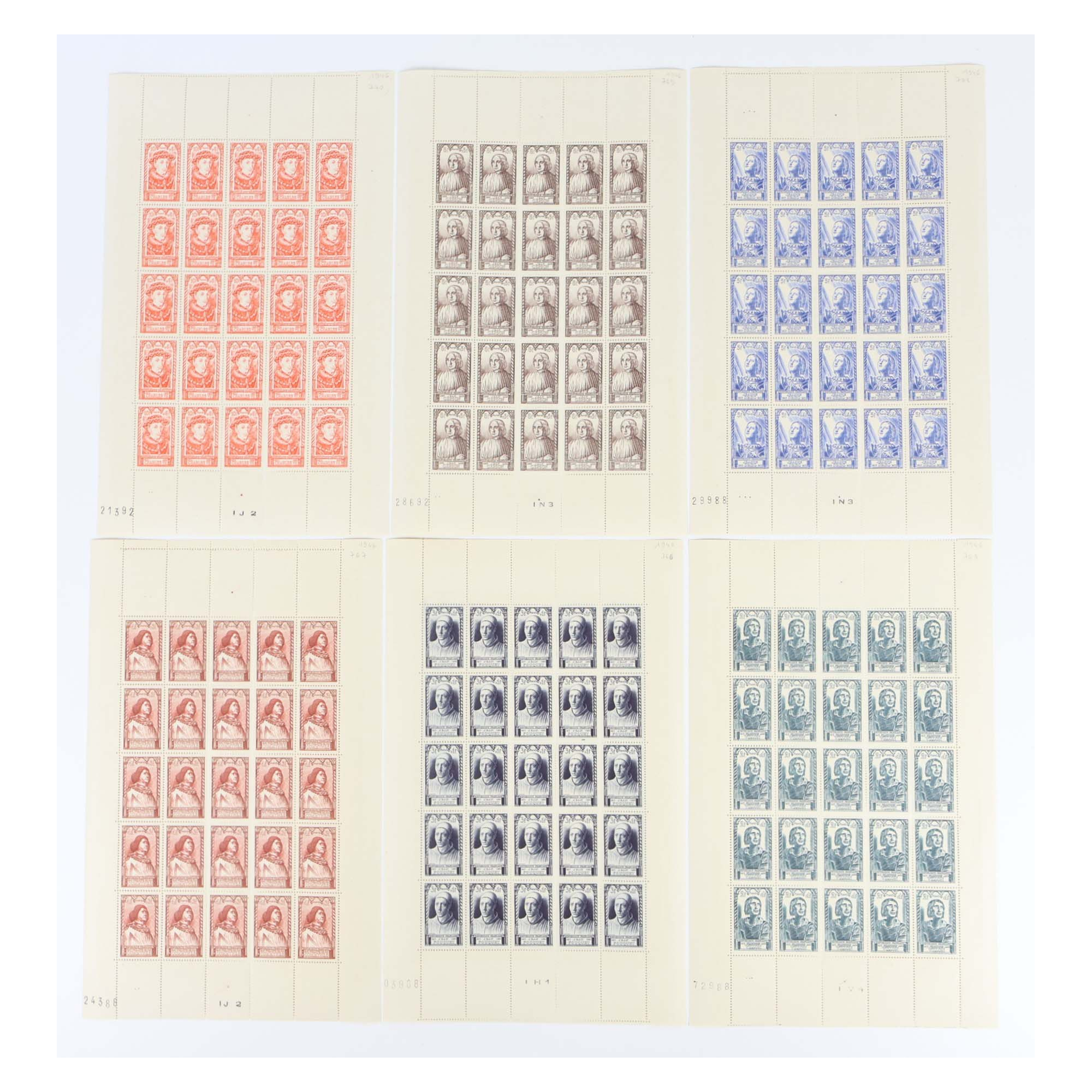6 FEUILLES DE 25 TIMBRES NEUFS** SÉRIE COMPLÈTE "CÉLÉBRITÉS" N°765/770 AN 1946