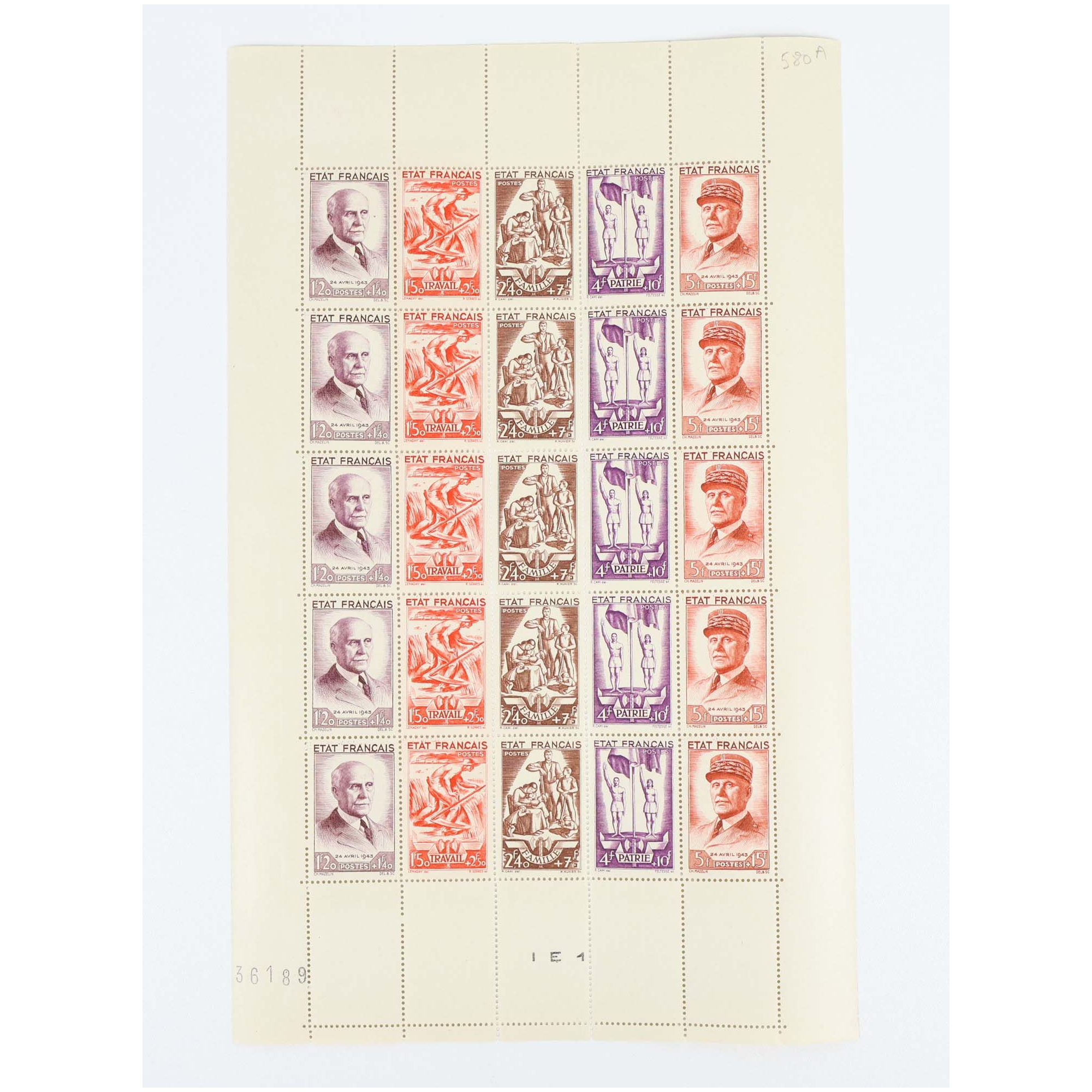 FEUILLE COMPLÈTE DE FRANCE DE 25 TIMBRES NEUFS** N°F580A "PÉTAIN" ANNÉE 1943