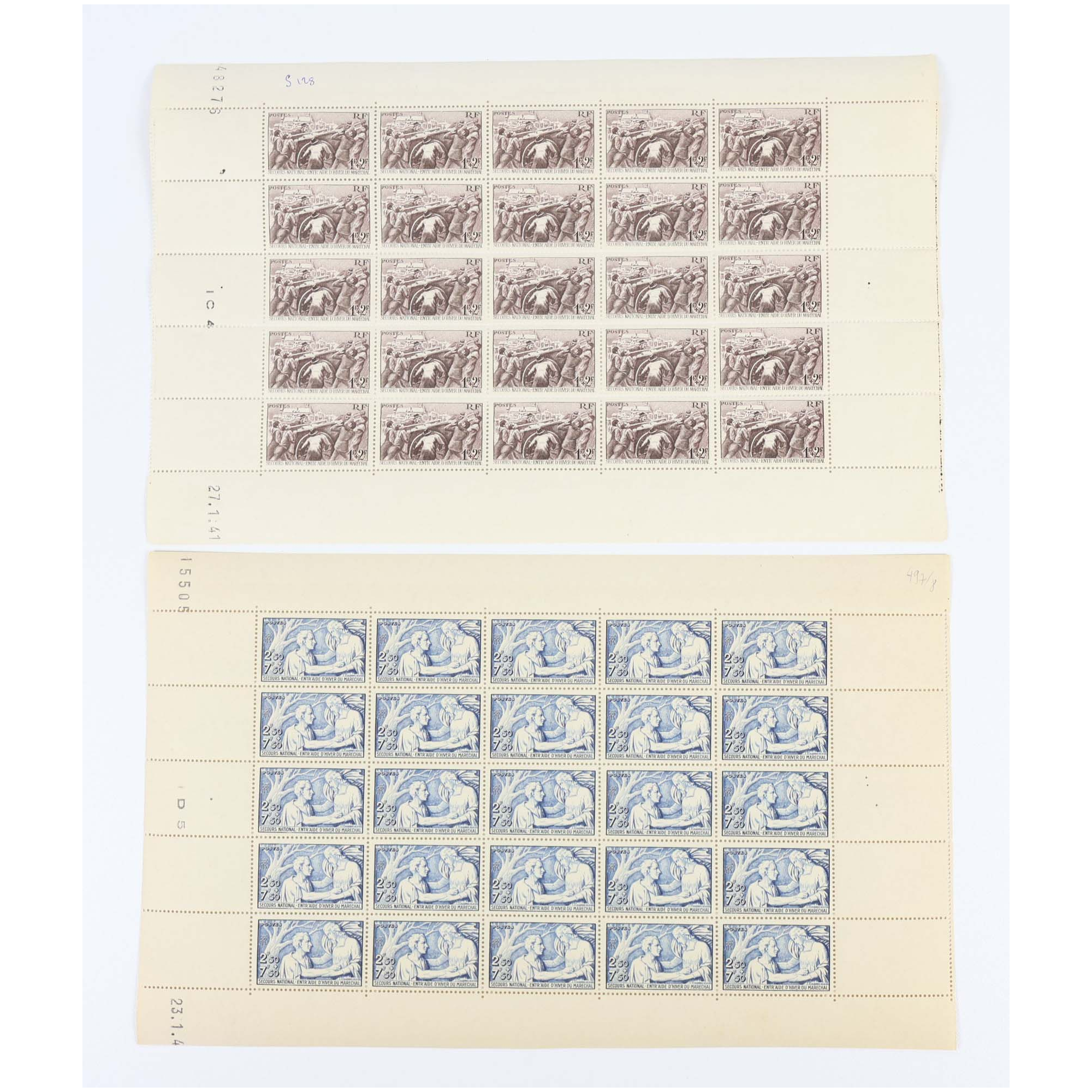 2 FEUILLES DE 25 TIMBRES NEUFS** SÉRIE COMPLÈTE "SECOURS NATIONAL" N°497/498