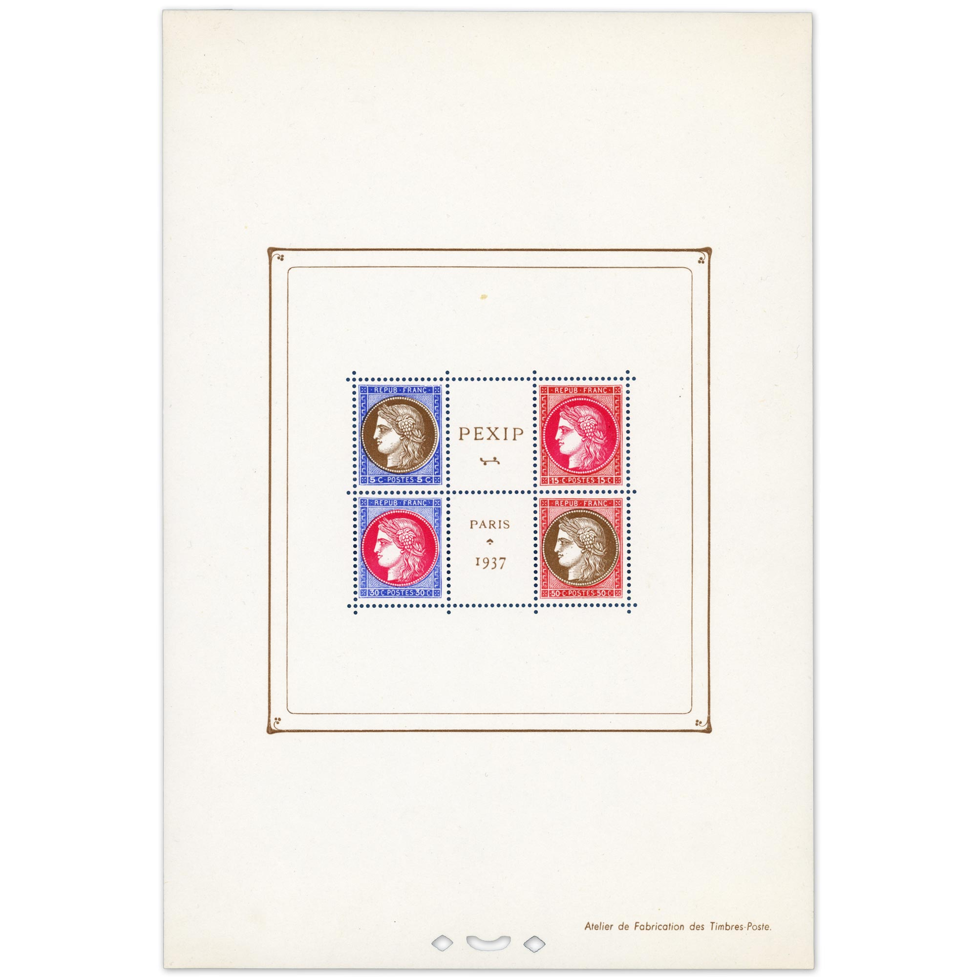 FRANCE BLOC N°3 AVEC TIMBRES NEUFS** PEXIP ANNEE 1937 SUPERBE QUALITE
