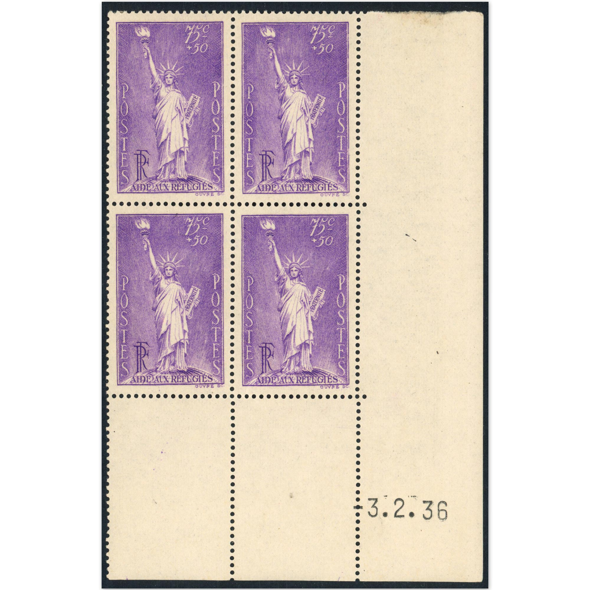 COIN DATÉ AIDE AUX REFUGIÉS N°309 TIMBRES FRANCE NEUFS** ANNÉE 1936 COTE 125€