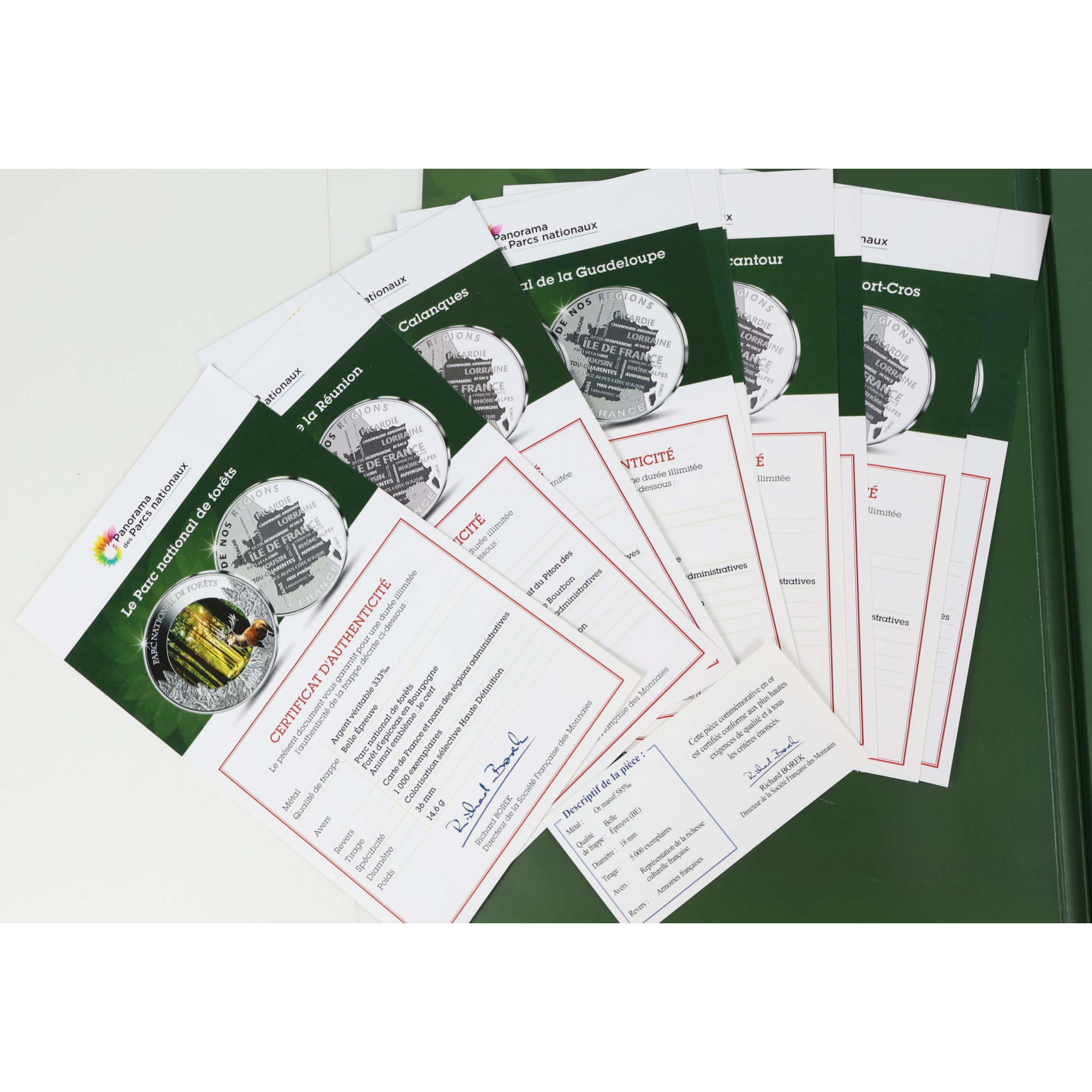 PIÈCES ARGENTS ET PIÈCE OR "PANORAMA DES PARCS NATIONAUX" AVEC CERTIFICATS