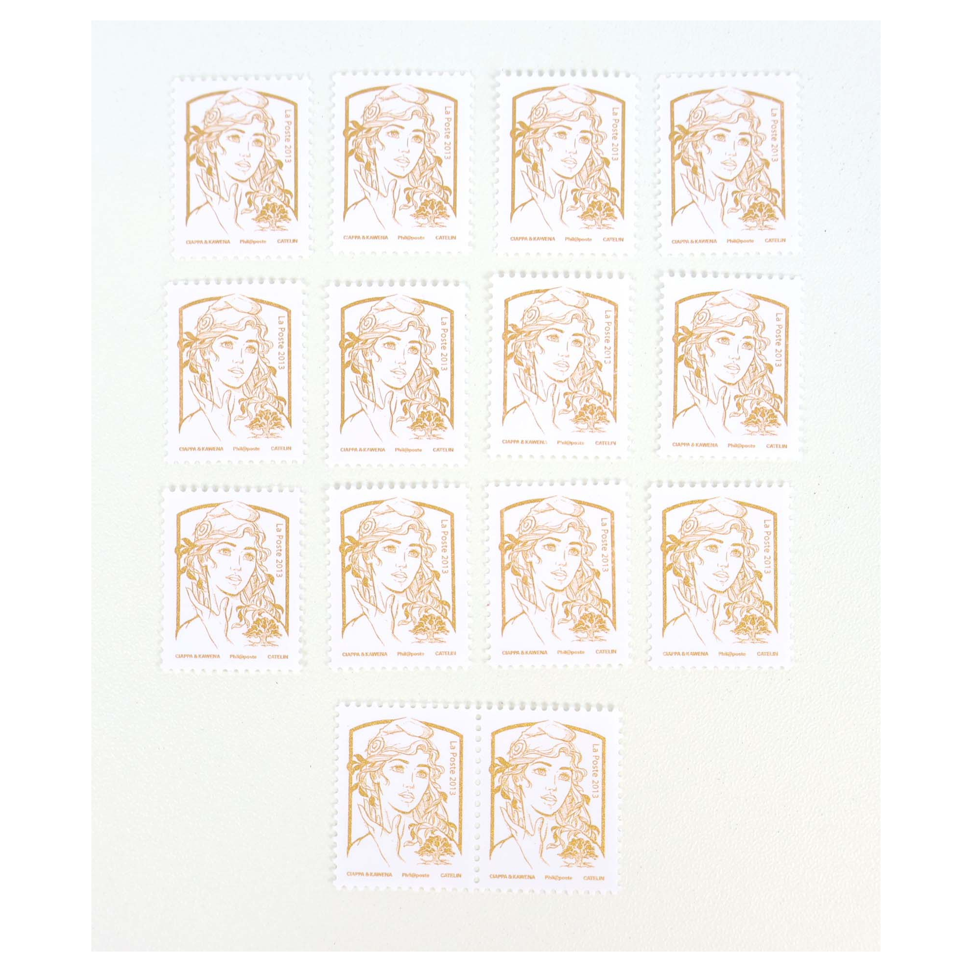 LOT DE 14 TIMBRES MARIANNES DORÉES DE CIAPPA KAWENA (2013) NON ÉMISES, NEUFS**