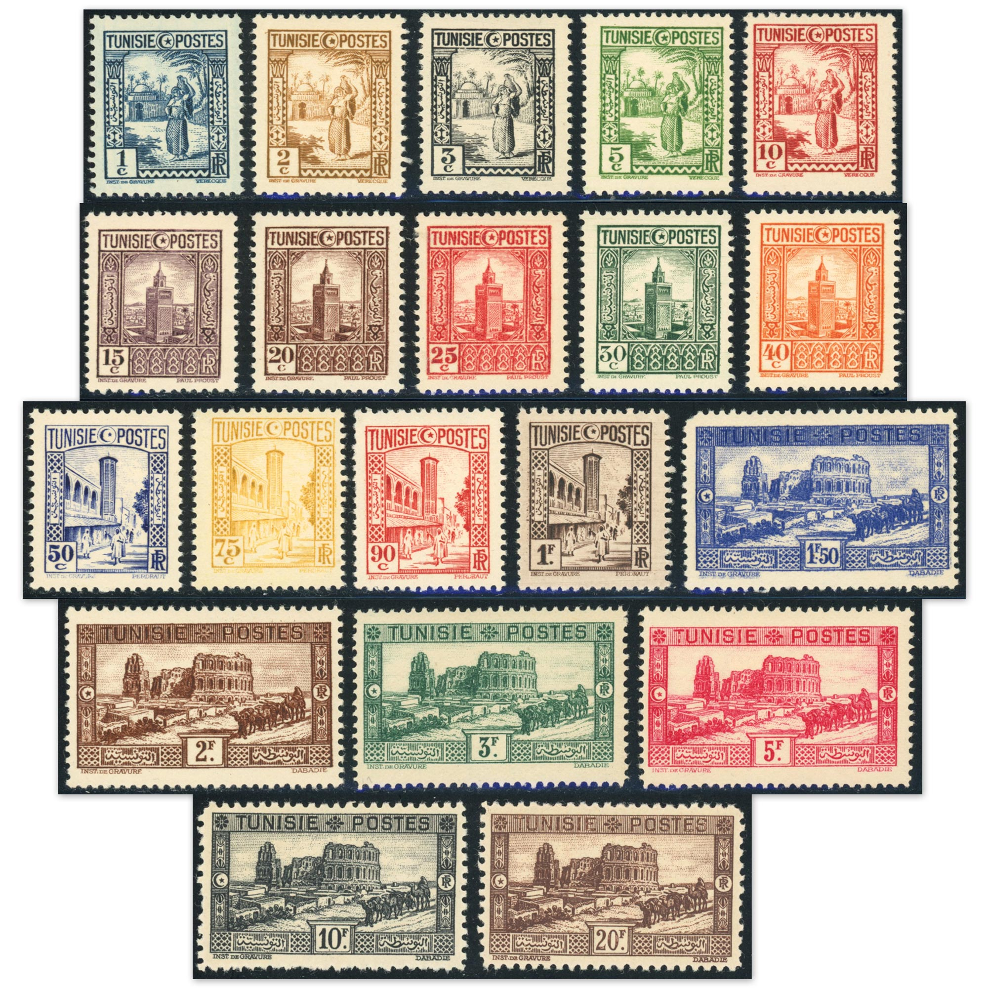 TUNISIE N°161 À 180 SÉRIE COMPLÈTE DE 20 VALEURS NEUVES ANNÉE 1931-33 COTE 225€
