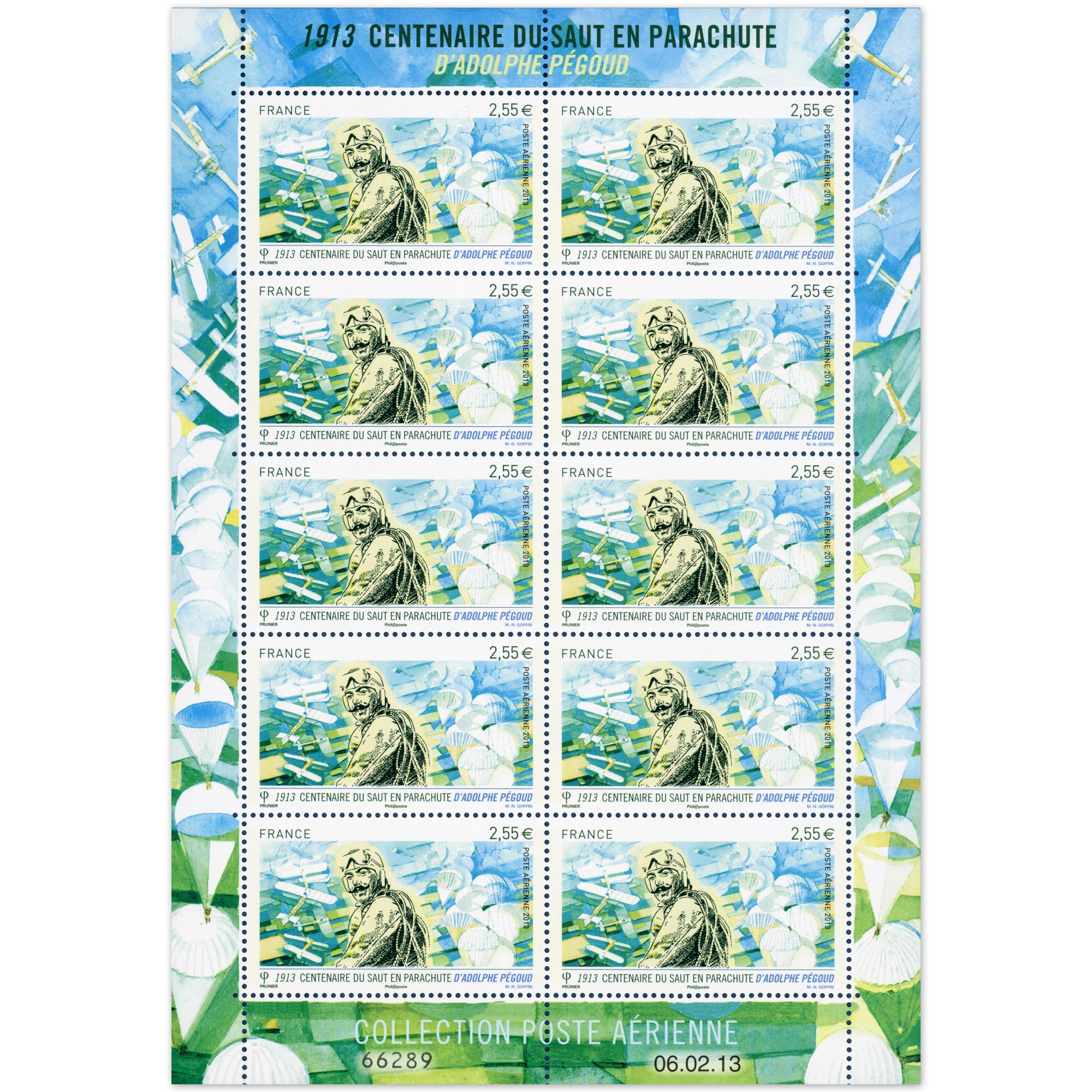 POSTE AÉRIENNE N° 76 ADOLPHE PEGOUD 2013 FEUILLE DE 10 TIMBRES NEUFS**